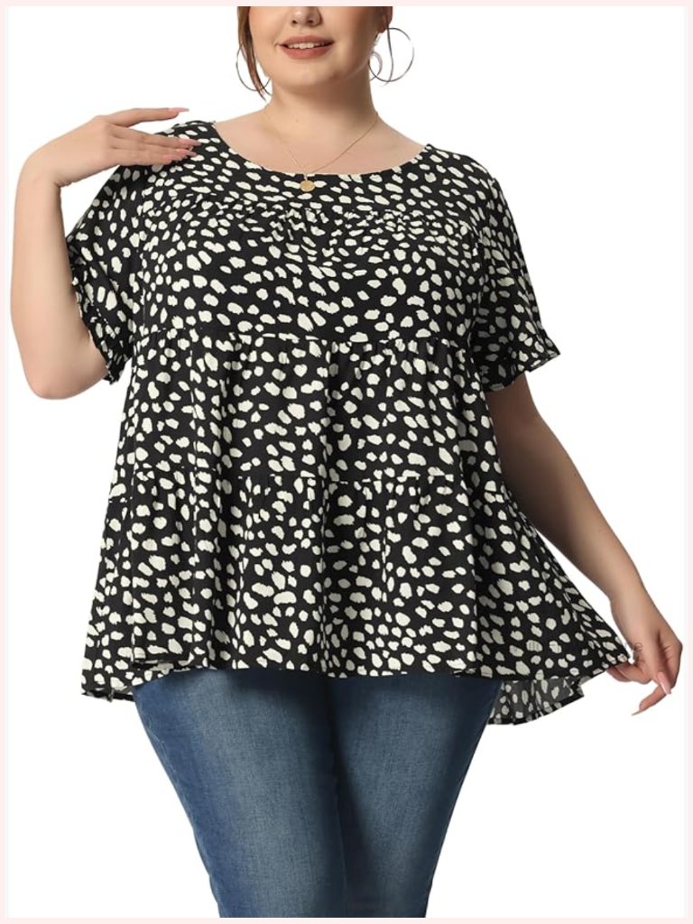 Plus Size Polka Dot Babydoll Peplum Top Ruffle Sleeve Blouse